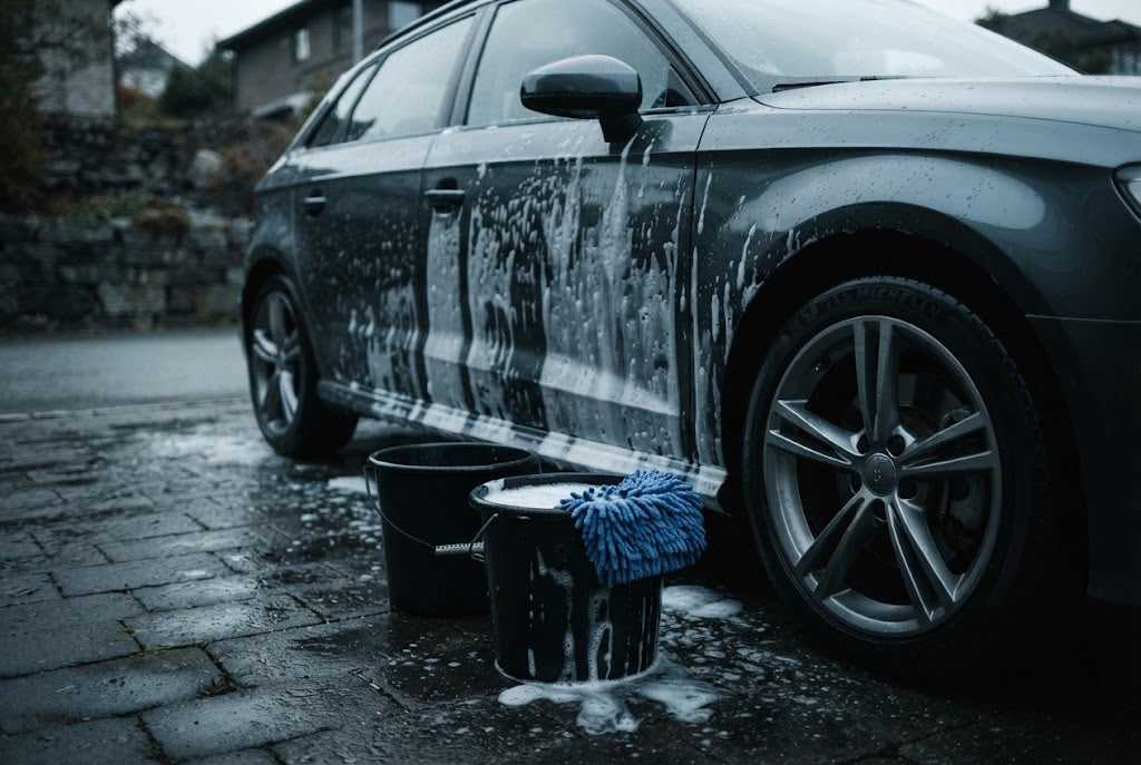 Twee emmers met schuim naast een donkere auto die wordt voorgewassen