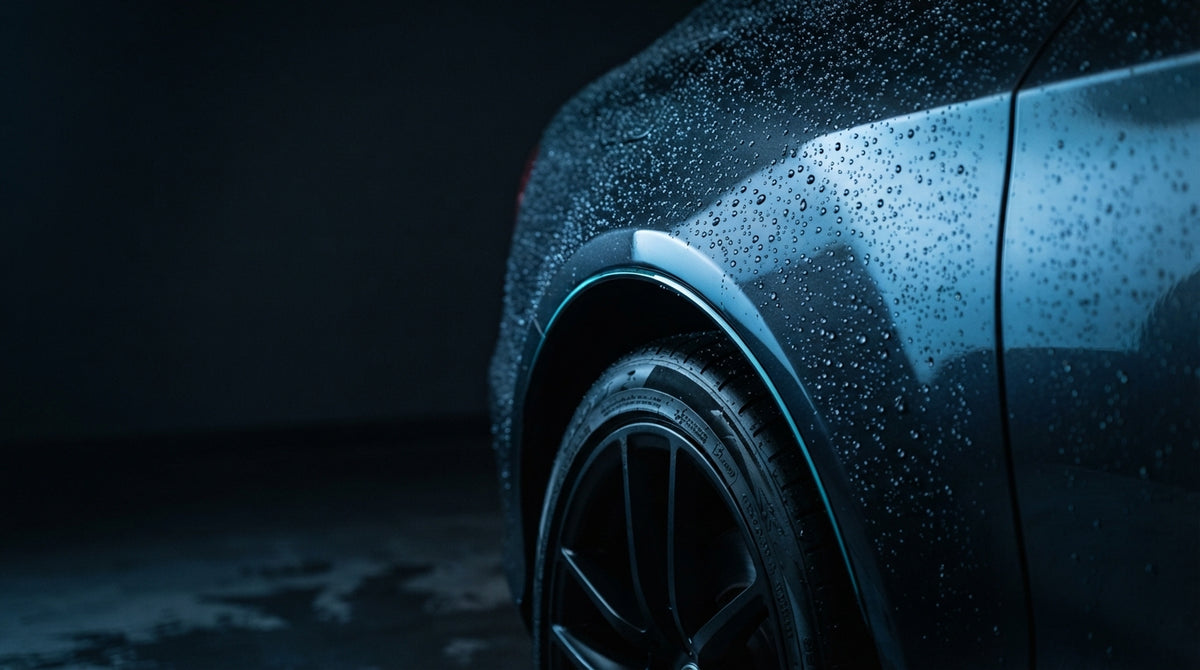 Vers gedetailde auto met waterparels op de lak